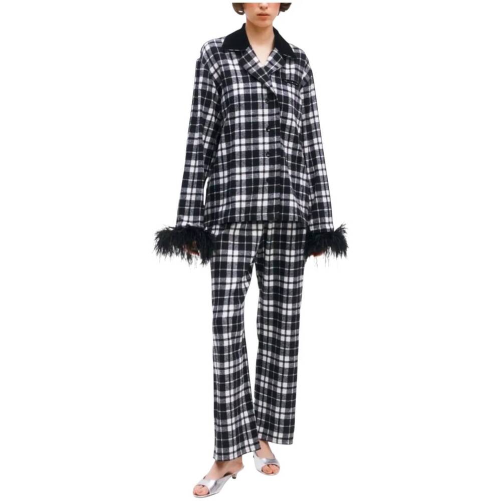 NEW SLEEPER feather trim plaid flannel pajama set in black & white